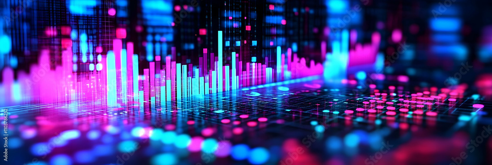 Abstract Digital Data Visualization, Neon Bar Charts and Glowing Nodes Reflecting Dynamic Information Intensely. Abstract Digital Data Visualization, Neon Bar Charts and Glowing Nodes Reflecting Dynamic Information Intensely.