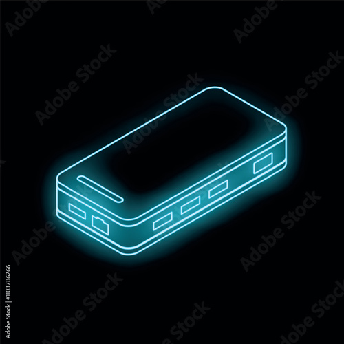 Glowing neon usb hub isometric icon illustration with multiple ports for connecting various devices