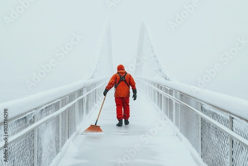 City worker in winter gear clearing a snow-covered bridge during a snowstorm, ensuring safe passage for pedestrians with a broom photo