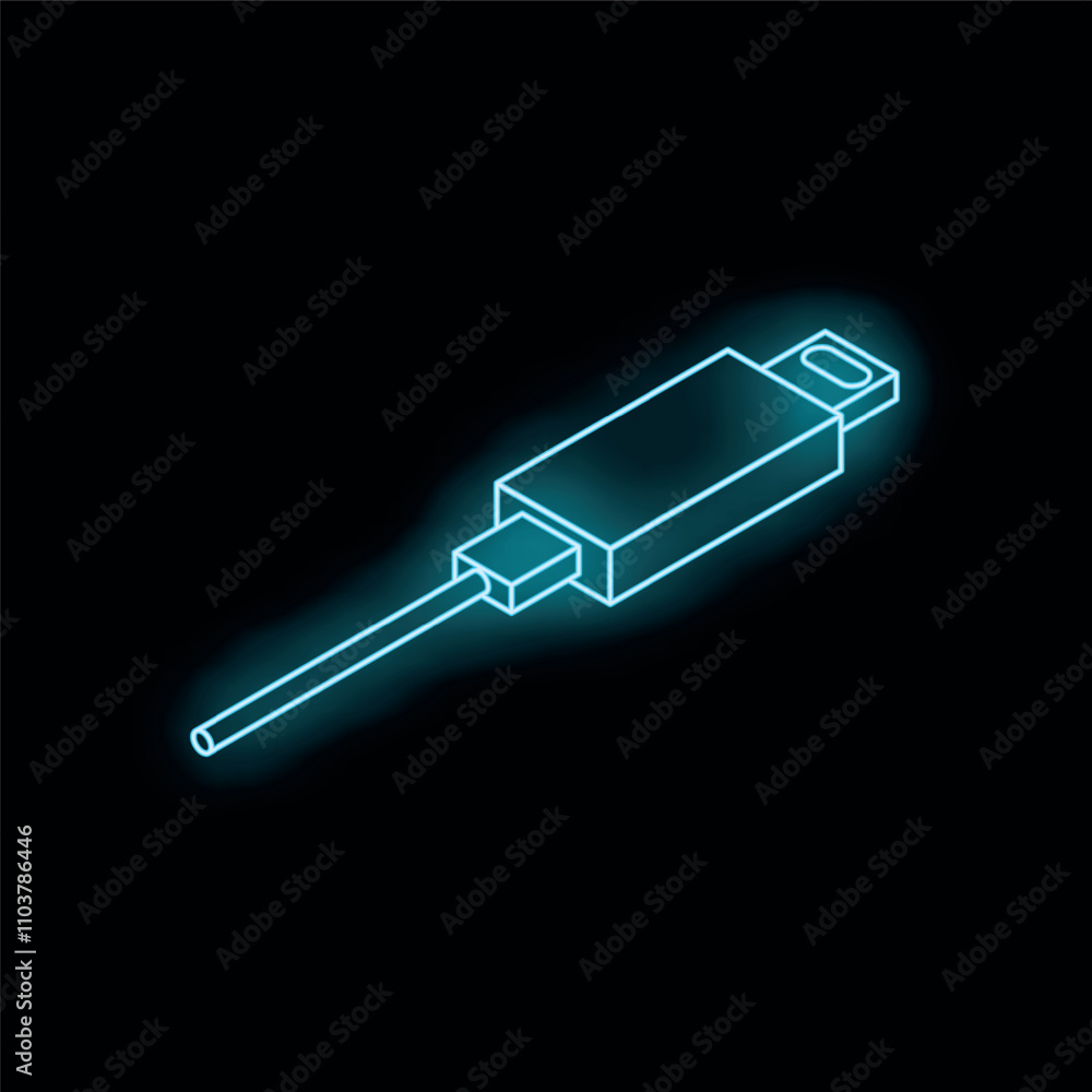 Neon usb cable glowing on dark background, data transmission concept Neon usb cable glowing on dark background, data transmission concept