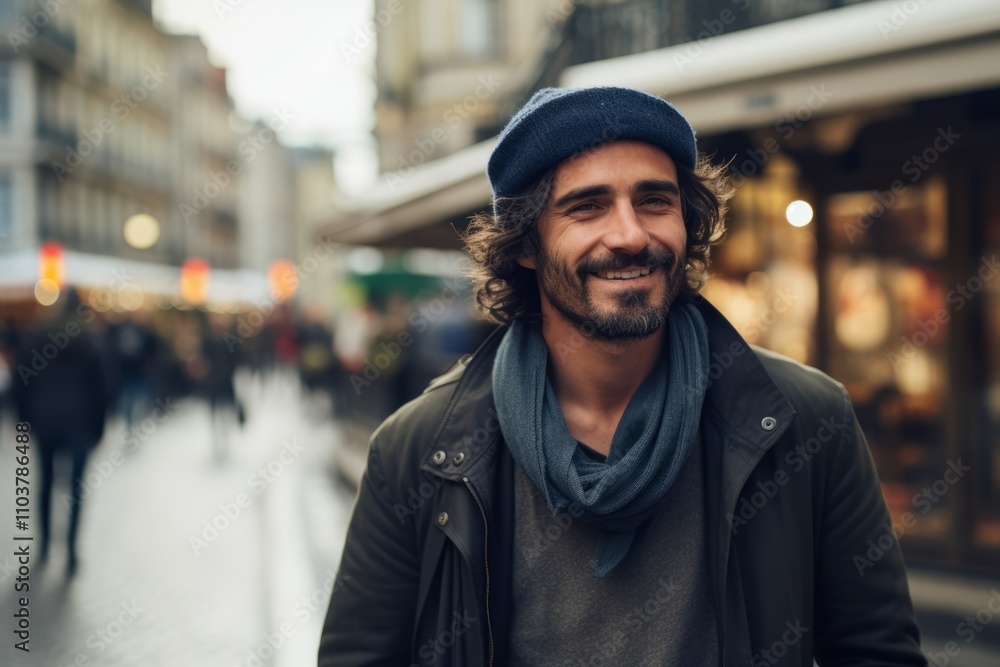 Portrait of a handsome young man with long curly hair and beard wearing a hat and coat walking in the city streets Portrait of a handsome young man with long curly hair and beard wearing a hat and coat walking in the city streets