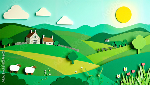 Vibrant Irish countryside with hills, a small stone cottage, and playful sheep in a paper art style