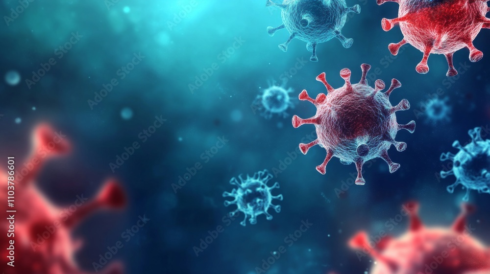 Group red blue viruses floating dark background appear The innovative medical approach Group red blue viruses floating dark background appear The innovative medical approach