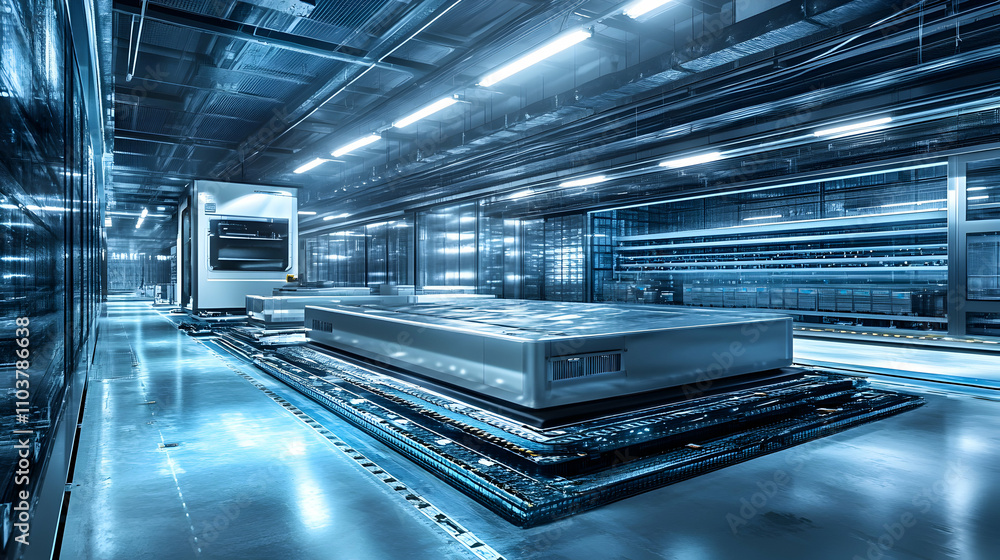 Futuristic Factory, Automated System Transports Large Component on Conveyor Belt in Modern Industrial Facility Futuristic Factory, Automated System Transports Large Component on Conveyor Belt in Modern Industrial Facility
