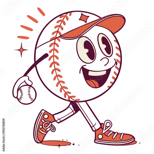 Funny cartoon baseball sticker patch featuring a cheerful baseball character walking with a baseball in hand retro groovy style
