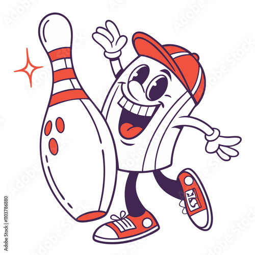 Fun cartoon patch featuring a cheerful bowling sticker with a humorous bow and energetic pose retro groovy style