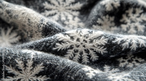 Close-up view of a textured fabric showcasing intricate snowflake patterns