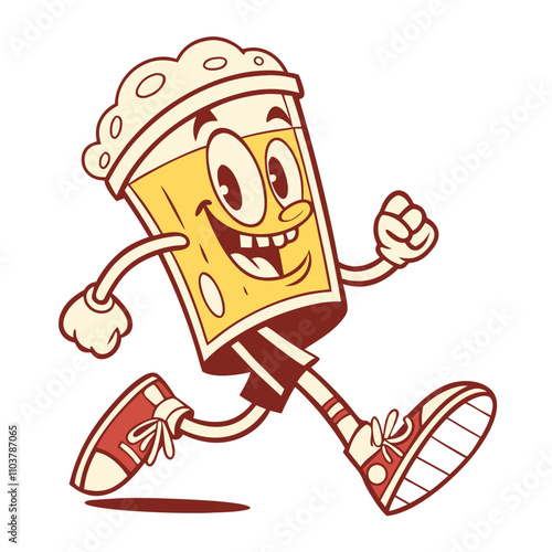 Funny cartoon beer glass patch design featuring a cheerful character running with retro groovy style