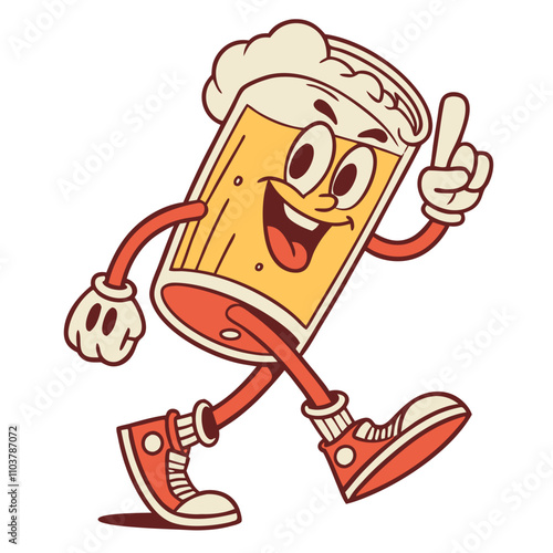 Funny cartoon patch of a beer glass character with a cheerful expression and walking pose retro groovy style