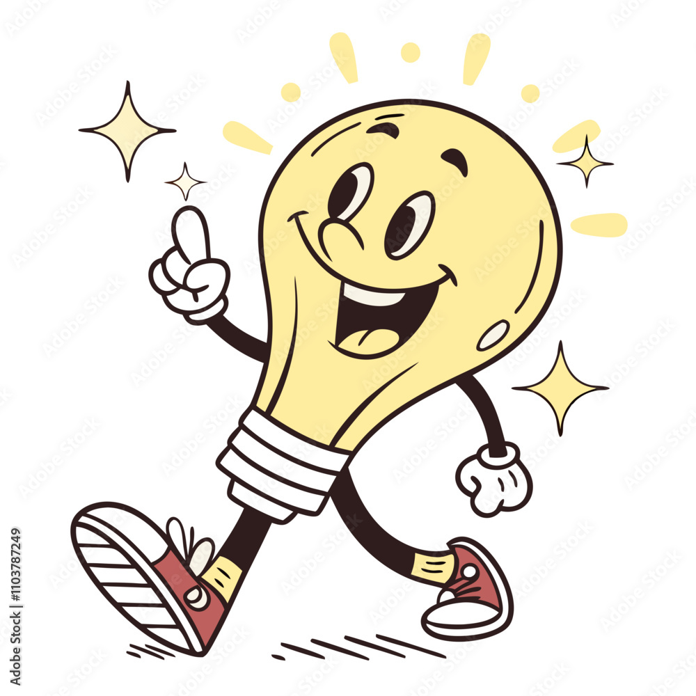 Cartoon light bulb sticker with a funny design showcasing a cheerful character walking confidently retro groovy style Cartoon light bulb sticker with a funny design showcasing a cheerful character walking confidently retro groovy style