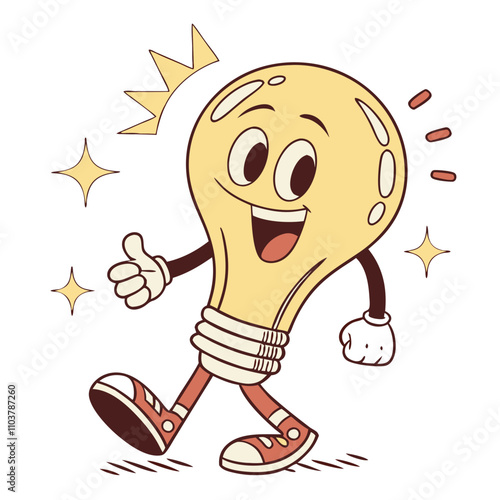 Funny cartoon light bulb sticker patch with a cheerful character and vibrant details retro groovy style