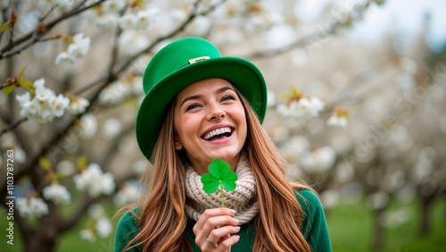 St. Patrick's Day celebration with a smiling woman in a green hat holding a clover