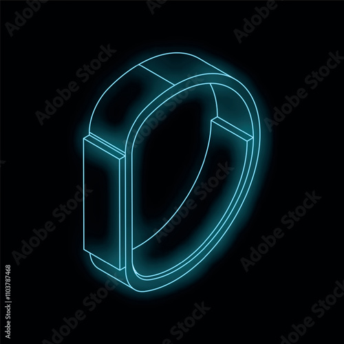 Glowing blue isometric fitness tracker on a black background