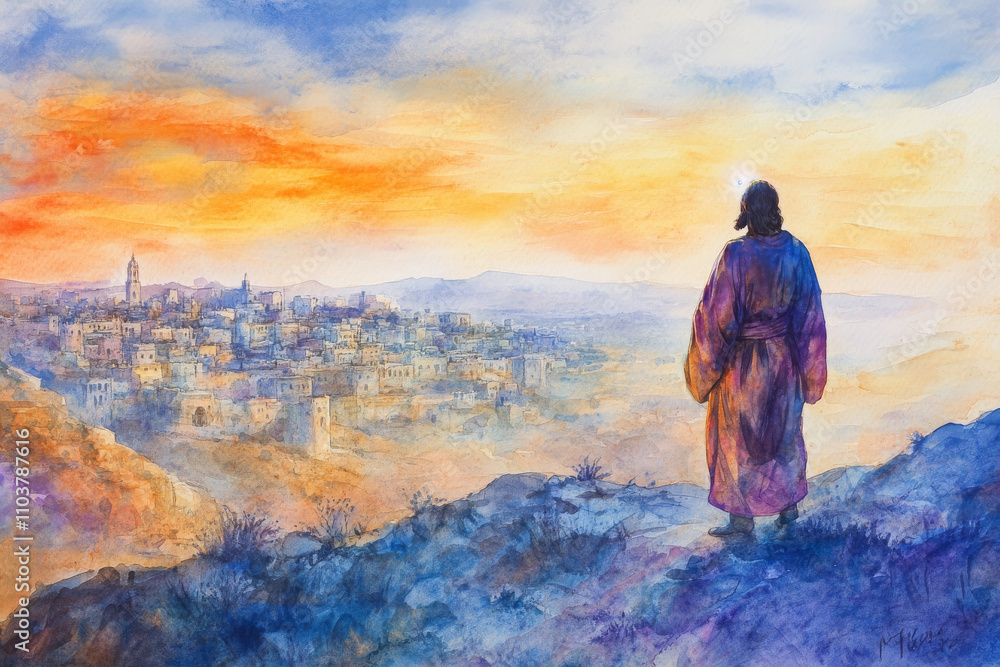 Fototapeta premium Jesus standing on a hill, overlooking the city of Jerusalem, with a tear in his eye. The watercolor uses soft shades of blue, purple, and orange to reflect sorrow, love, and divine compassion.
