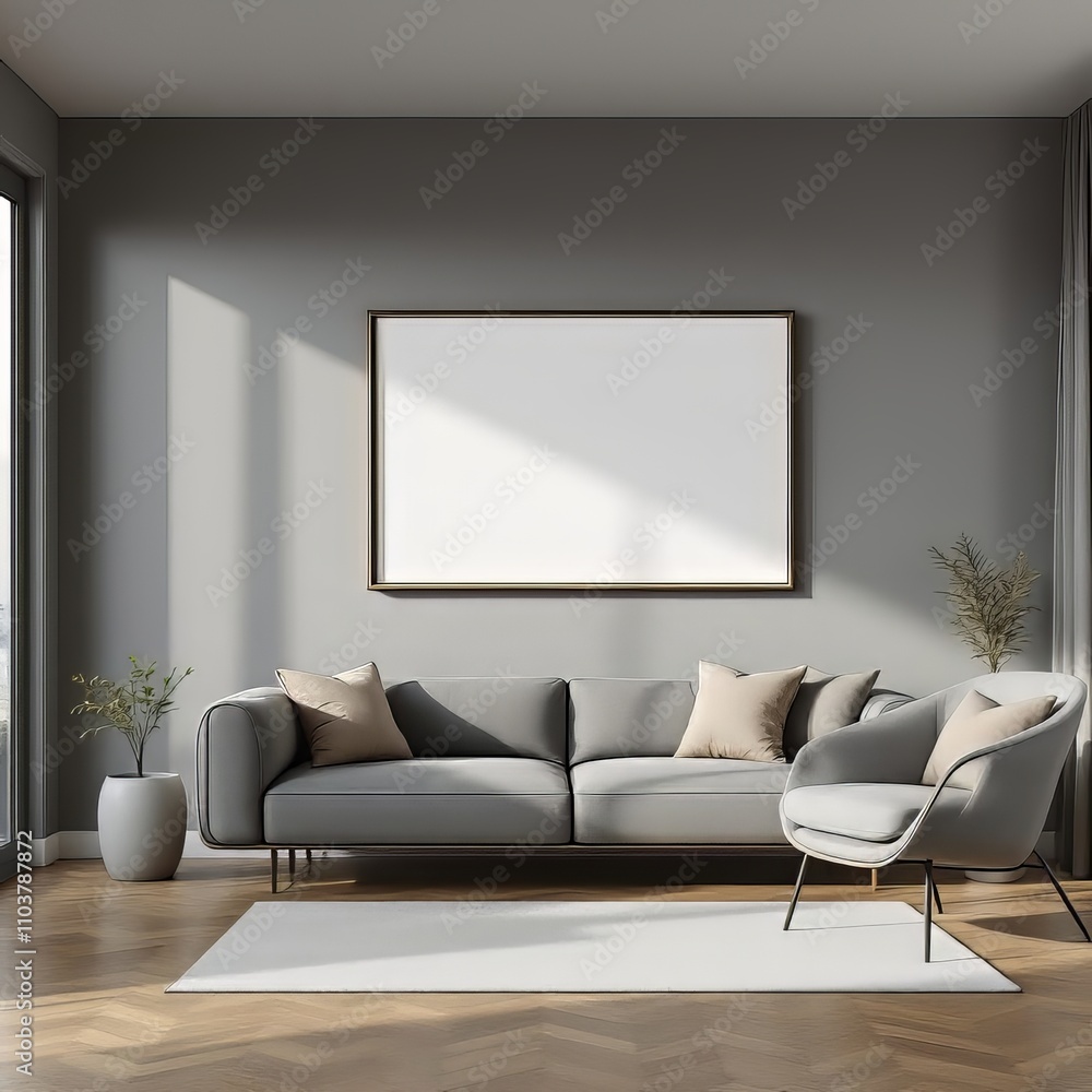 Empty frame against a stylish gray living room backdrop. Empty frame against a stylish gray living room backdrop.
