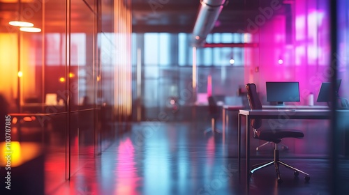 Empty office at night  illuminated with pink and blue neon lights.  Modern and stylish workspace.