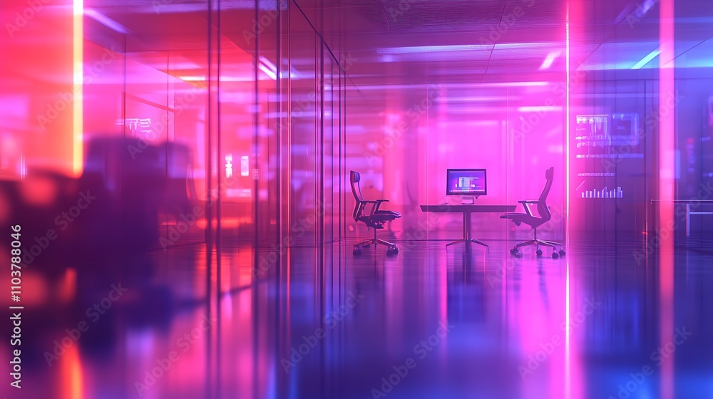 Naklejka premium Neon-lit office at night. Two empty chairs sit at a desk. Pink and blue hues dominate the scene.