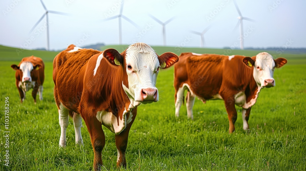 Sustainable agriculture innovations cattle grazing amid renewable energy farms in green pastures Sustainable agriculture innovations cattle grazing amid renewable energy farms in green pastures