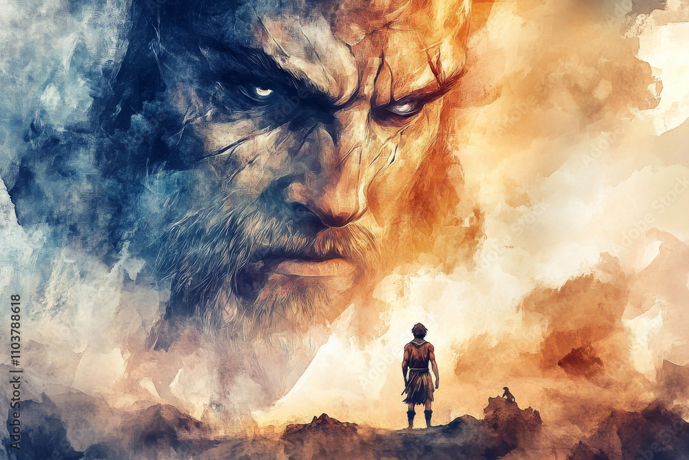 Obraz premium A powerful digital watercolor of David, a small yet determined warrior, standing before the massive Goliath, his eyes filled with courage. The giant looms in the background, towering over the