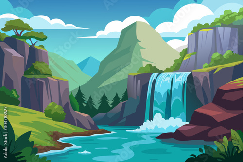 landscape with mountains and river.