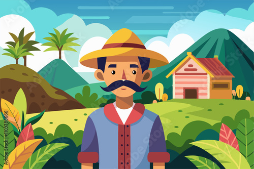 Vibrant village scene showcasing a hardworking farmer.