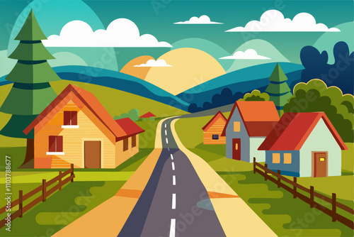 Scenic village road background vector art featuring quaint landscapes.
