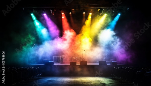 Stage large number colorful lights shining down it A is lit