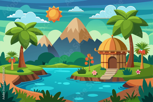 Serene vector art showcasing trees and flowing water.