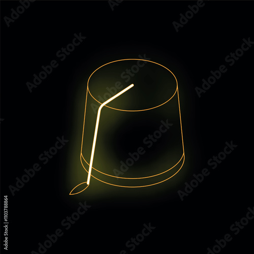 Minimalist neon yellow glowing contour of traditional turkish hat fez on black background