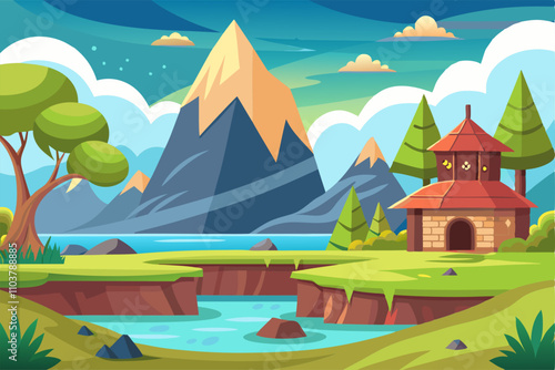 Beautiful vector art showcasing a serene landscape with mountains and flowing river.