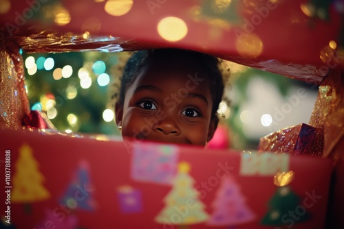 layful portrait of a young Black child, 4-6 years old, peeking through festive wrapped Christmas gifts. Perfect for holiday campaigns, family branding, social media ads, and seasonal storytelling photo