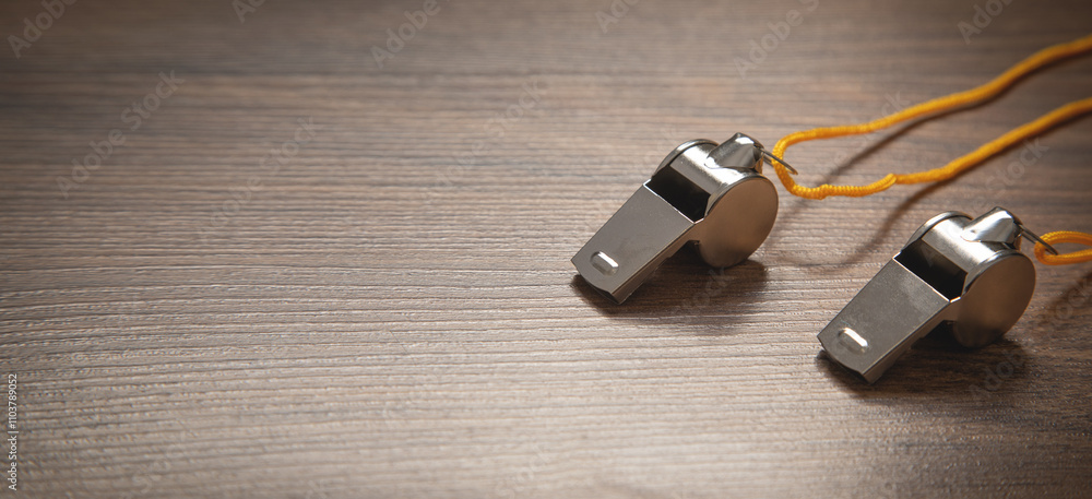 Fototapeta premium Metal whistle of a referee or trainer.