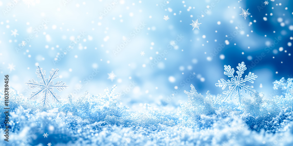 Christmas closeup background with snowflakes in snowfall. Banner, wallpaper and postcard concept. Christmas closeup background with snowflakes in snowfall. Banner, wallpaper and postcard concept.