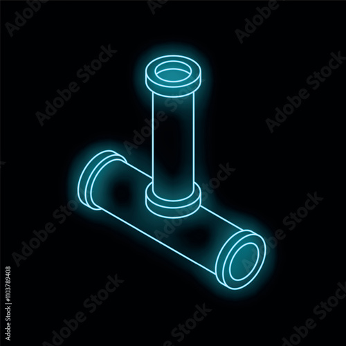 Glowing blue neon pipe fitting icon, plumbing and construction concept