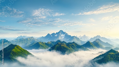 Wallpaper Mural Breathtaking mountain range under a clear blue sky, with lush greenery and soft clouds enveloping the peaks, creating a serene and majestic view. Torontodigital.ca