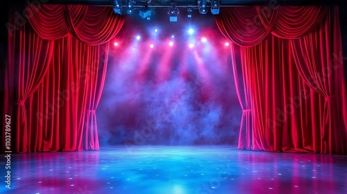 Red velvet curtains frame a smoky stage, bathed in blue and pink light.  Ready for a performance!