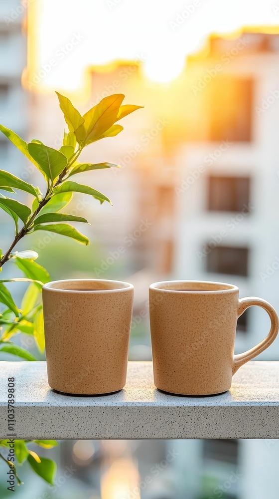 valentine affection memories concept, Two ceramic mugs sit on a balcony railing, surrounded by greenery, with a warm sunset illuminating the scene in the background. valentine affection memories concept, Two ceramic mugs sit on a balcony railing, surrounded by greenery, with a warm sunset illuminating the scene in the background.