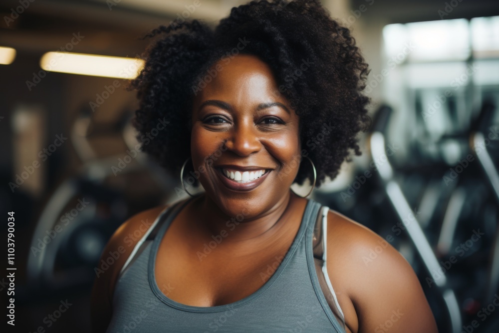 Smiling portrait of a middle aged slightly overweight woman in gym Smiling portrait of a middle aged slightly overweight woman in gym