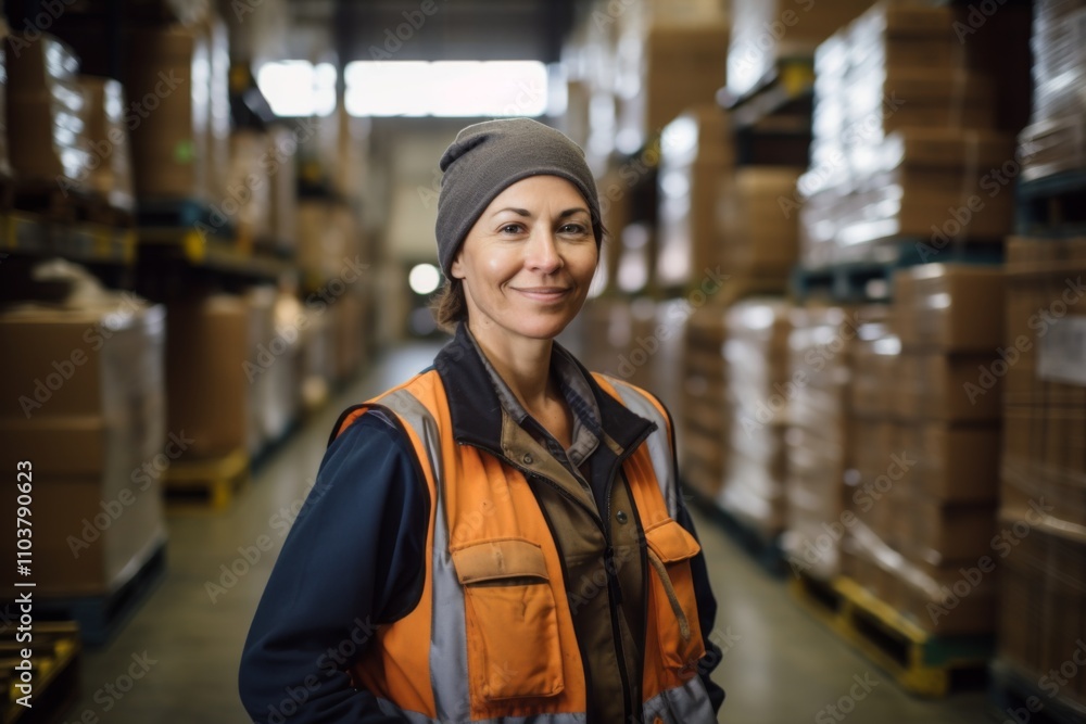 Portrait of a joyful middle aged female warehouse worker Portrait of a joyful middle aged female warehouse worker