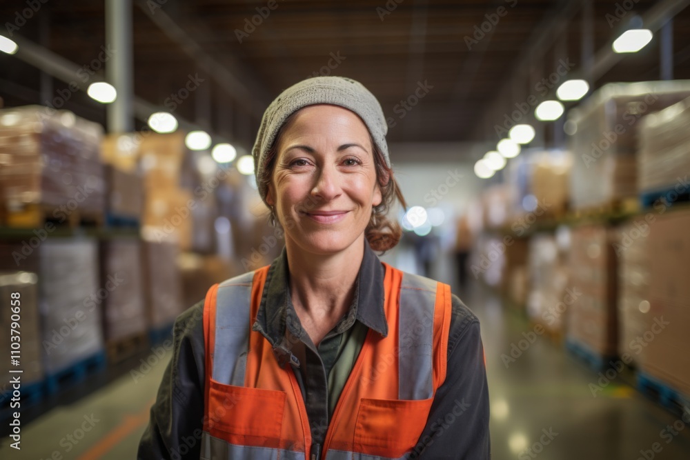 Portrait of a joyful middle aged female warehouse worker Portrait of a joyful middle aged female warehouse worker