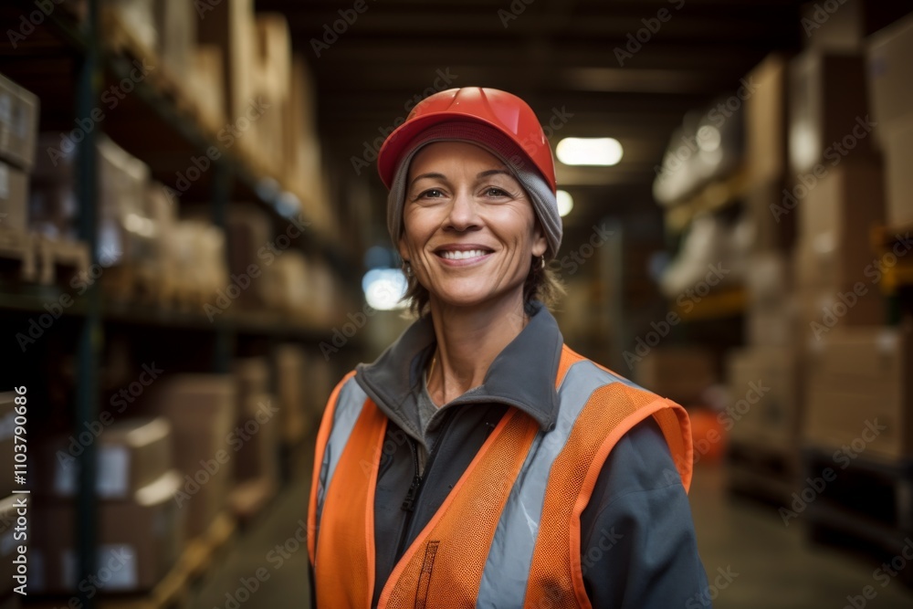 Portrait of a joyful middle aged female warehouse worker Portrait of a joyful middle aged female warehouse worker