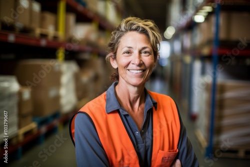 Portrait of a joyful middle aged female warehouse worker