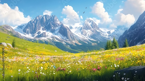 Vibrant wildflowers bloom in a picturesque alpine meadow, with snow-capped mountains rising majestically in the background under a bright blue sky.