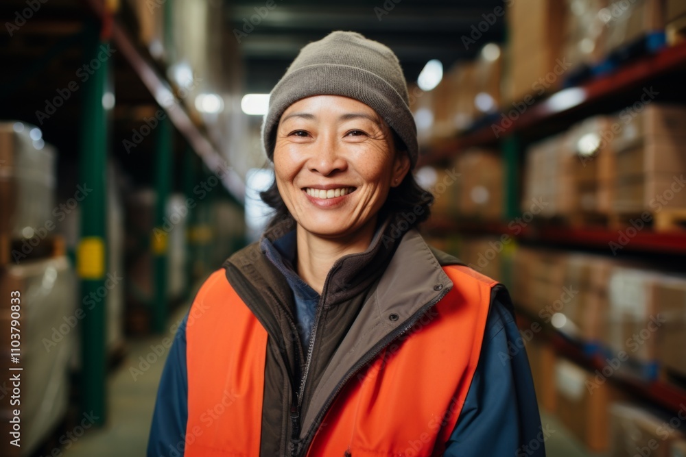 Portrait of a joyful middle aged female warehouse worker Portrait of a joyful middle aged female warehouse worker