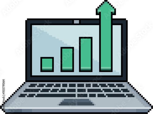 Pixel art of laptop with green bar graph in 8-bit style on white background