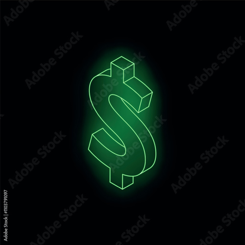 Green neon dollar sign is glowing on a black background