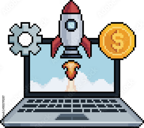 Pixel art of laptop with rocket, coin and gear in 8 bit style, startup strategy concept