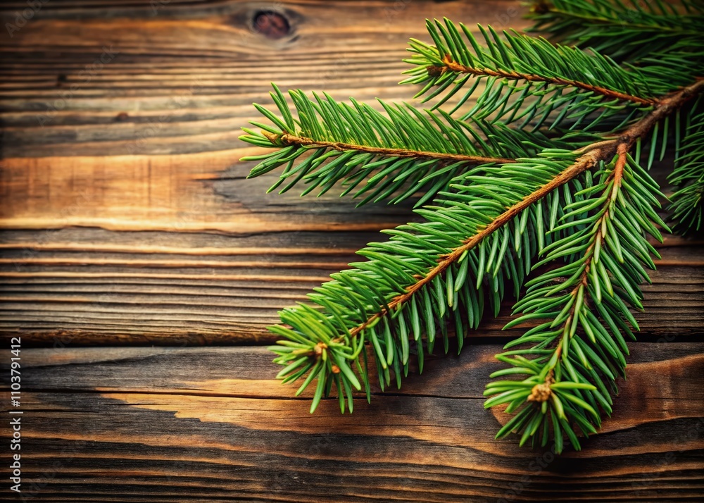 Serene Copy Space Image of a Fir Tree Branch Resting on a Wooden Table, Perfect for Nature-Themed Designs and Seasonal Decor Ideas Serene Copy Space Image of a Fir Tree Branch Resting on a Wooden Table, Perfect for Nature-Themed Designs and Seasonal Decor Ideas