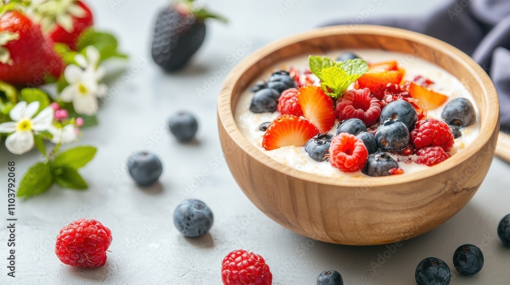 Rustic Wooden Bowl of Kheer Topped with Seasonal Fruits and Berries Indian food cuisine Rustic Wooden Bowl of Kheer Topped with Seasonal Fruits and Berries Indian food cuisine