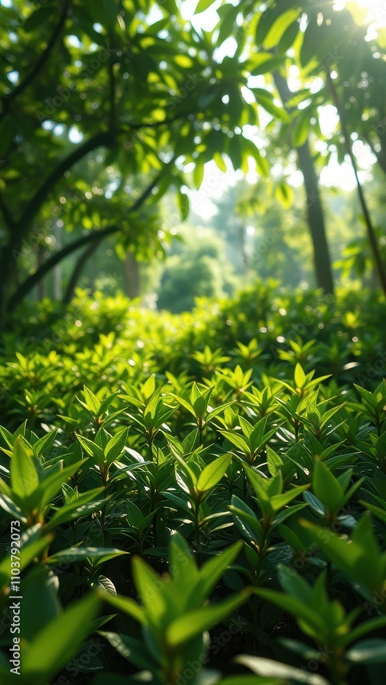 A cluster of coffee bean seedlings in a vibrant green forest with sunlight filtering through the leaves, nature, trees, growth A cluster of coffee bean seedlings in a vibrant green forest with sunlight filtering through the leaves, nature, trees, growth
